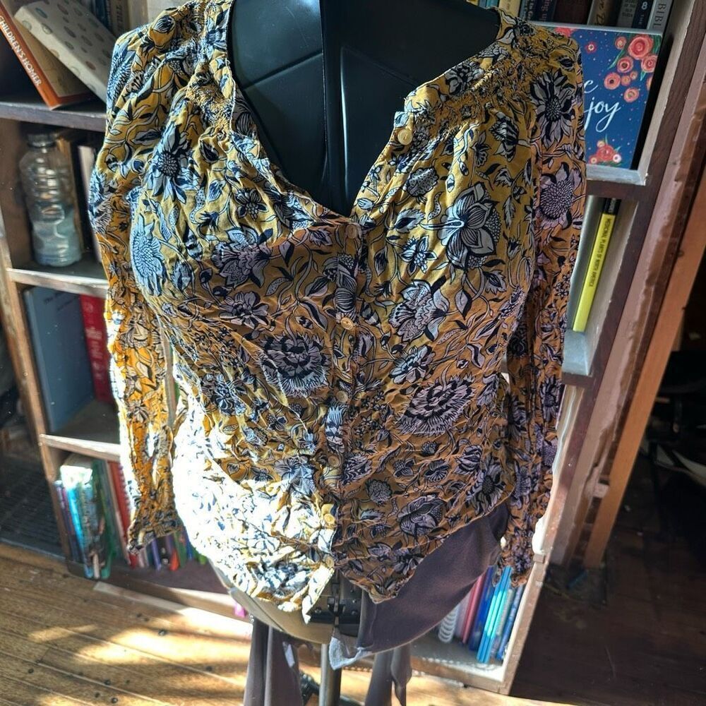 Lucky Brand yellow floral button down boho S fairy core blouse